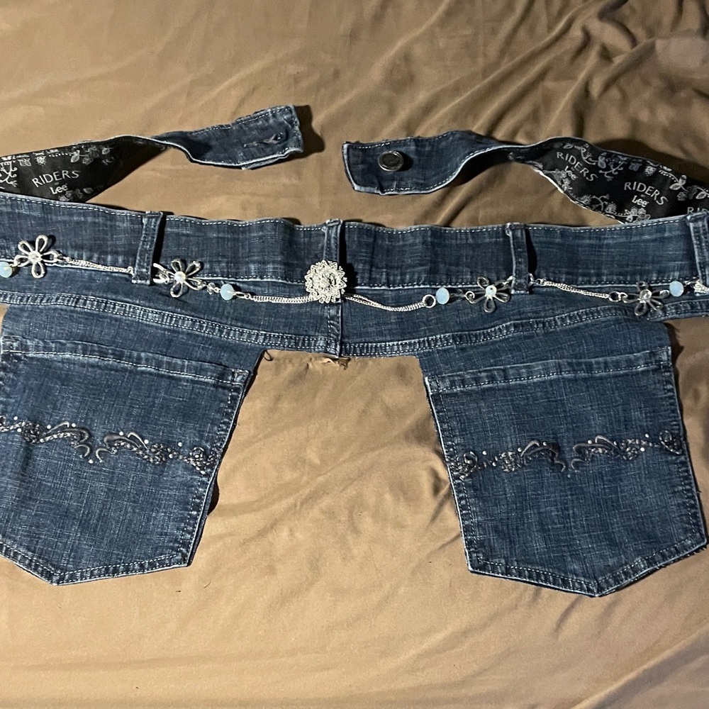 Handmade denim pocket Belt with Floral Embellishments 48 inches